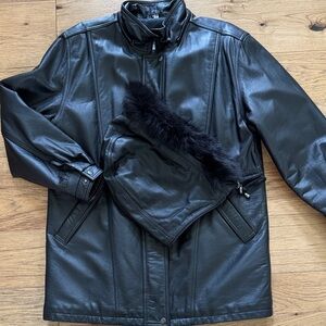 😊Vintage Field Gear Black Women's Leather Jacket with Fox Fur Trim Hood